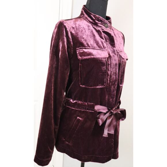 NWT LOFT Vintage Y2K Burgundy Velvet Jacket Blazer Cinched Waist Bow Tie XS - Picture 4 of 8